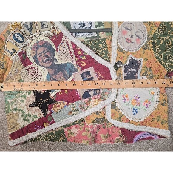 OOAK Magnolia Boho Quilted Jacket Frida Cat Bird Gypsy Moon Stars Vtg INDIE sz M - Picture 5 of 16